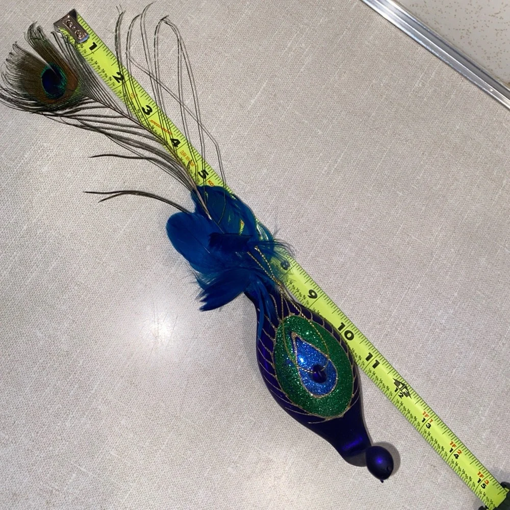 Vintage Peacock Glass Christmas Ornament With‎ Feathers